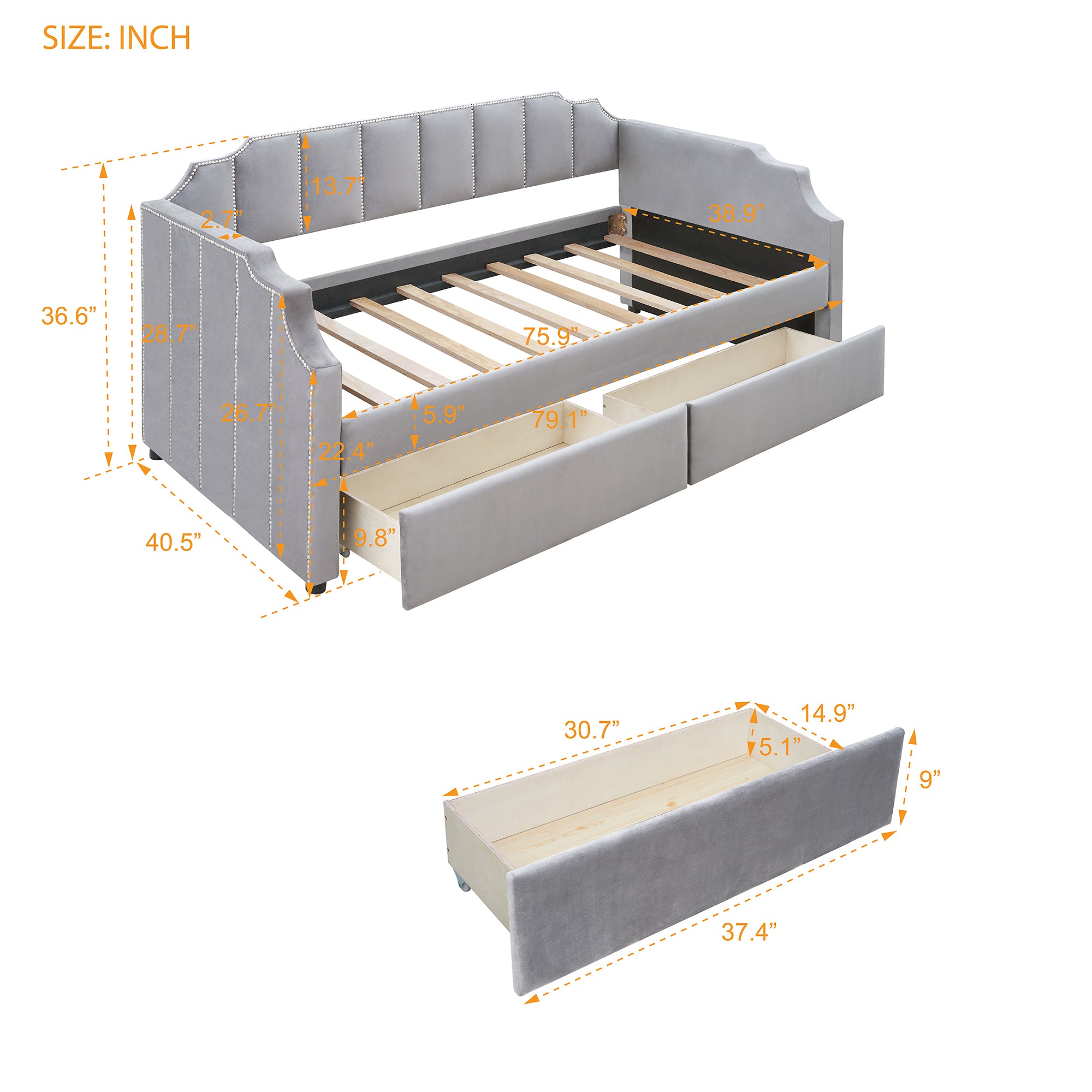 NOBLEMOOD Twin Size Upholstered Daybed with Two Storage Drawers for Kids Bedroom,Solid Wooden Bedframe w/Strong Wood Slat Support & Safety Guardrails, Gray