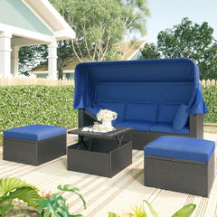 Outdoor Sectional Daybed with Retractable Canopy, Blue Cushions, Lifttop Coffee Table