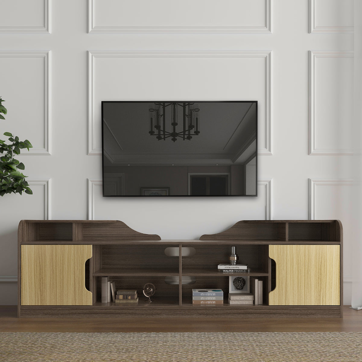 70.87” Modern TV Stand with High Glossy Front TV Cabinet for Lounge Room, Living Room & Bedroom, Beige+Brown