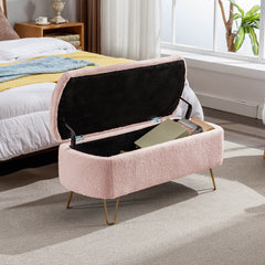 NOBLEMOOD Storage Ottoman Bench for End of Bed w/ Gold Legs, Modern Faux Fur Entryway Bench with Storage for Living Room Bedroom,Pink