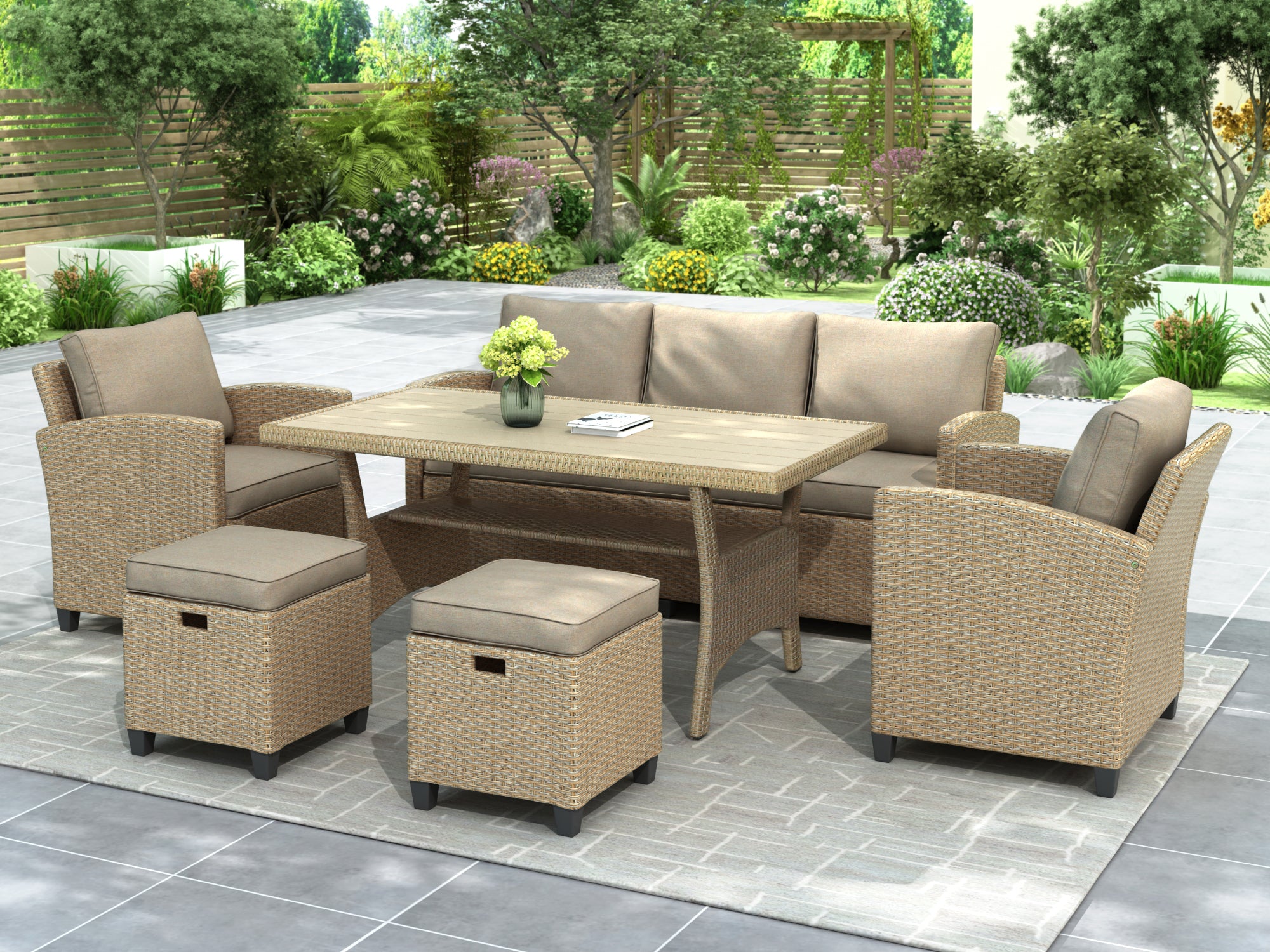 6 Piece Outdoor Rattan Dining Set with Table, Chair, Ottomans
