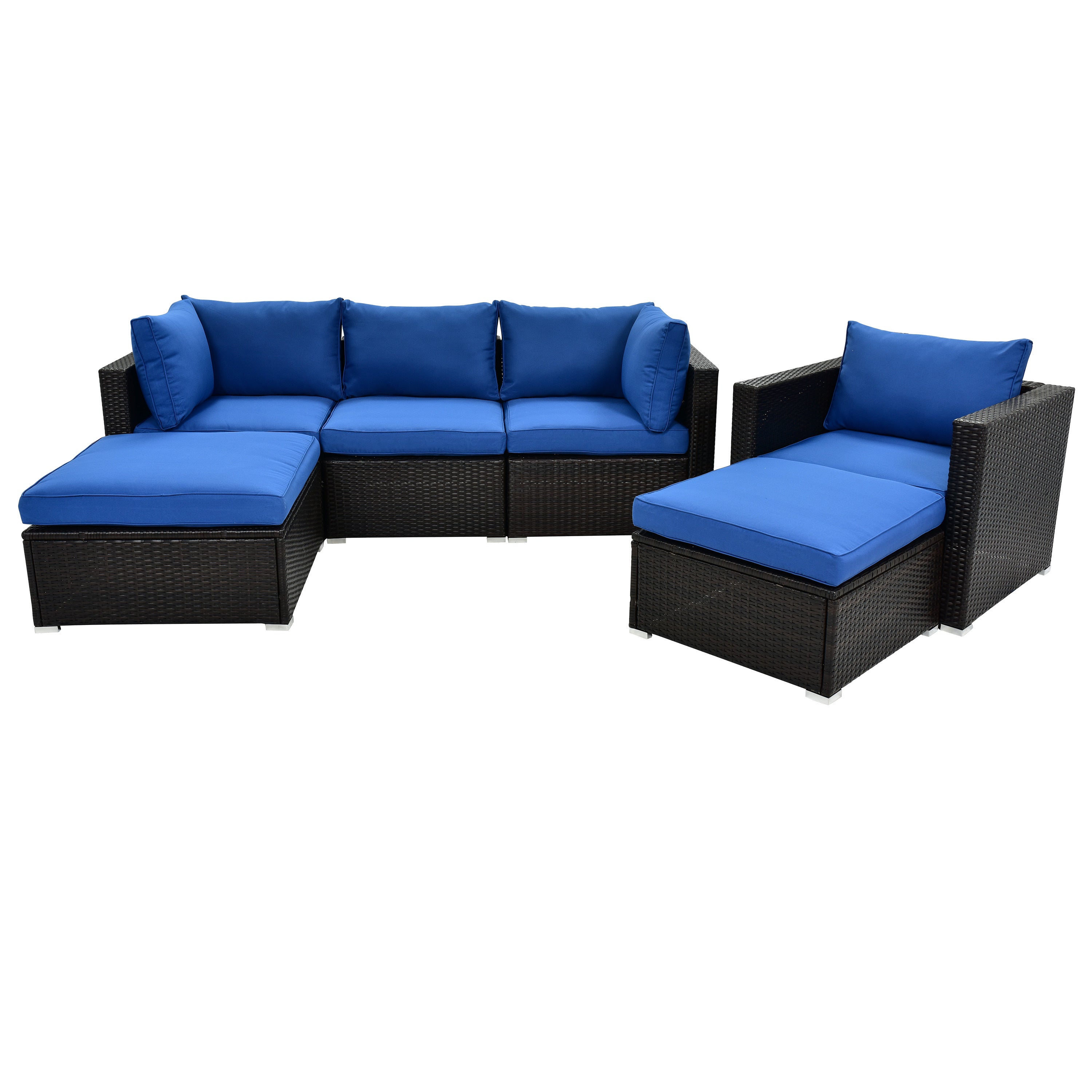 6 Pcs Outdoor Sectional Sofa Set with Glass Table, Blue Cushion+ Brown Wicker