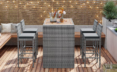 5-pieces Patio Wicker Bar Set, Bar Height Chairs With Non-Slip Feet And Fixed Rope, Removable Cushion, Acacia Wood Table Top, Brown Wood And Gray Wicker