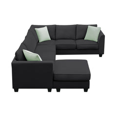 7 Pcs Living Room Sectional Sofa Couches with Ottoman, 3 Pillows, Black