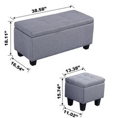 NOBLEMOOD 3 in 1 End of Bed Storage Bench w/ 2 Ottomans for Living Room Bedroom Entryway Grey