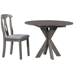 Rustic Farmhouse 5-Piece Wood Round Dining Table Set with Drop Leaf & 4 Padded Dining Chairs, Gray