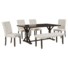 6-Piece Farmhouse Dining Table Set with 72" Wood Rectangular Table, 4 Upholstered Chairs & Bench (Espresso)