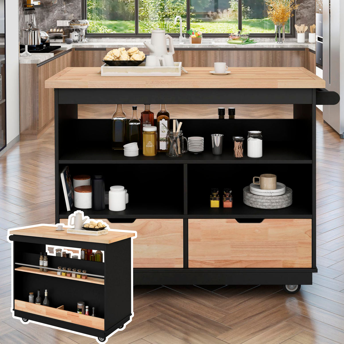 Rolling Mobile Kitchen Island with Solid Wood Top, 2 Drawers & Tableware Cabinet, Black