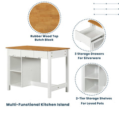 3-Piece 45" Stationary Rubber Wood Kitchen Island Set with 2 Seatings, 2 Shelves & 3 Drawers, White