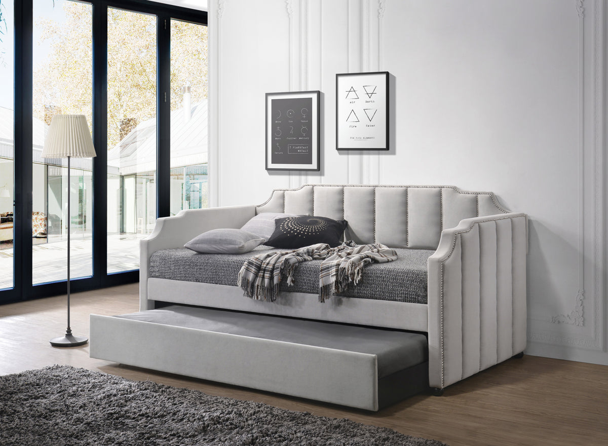 NOBLEMOOD Twin Size Daybed with Trundle, Velvet Day Bed Frame with Modern Line Design, No Box Spring Needed, Upholstered Sofa Bed with Roll-Out Trundle for Bedroom, Living Room, Guest Room, Dove Gray