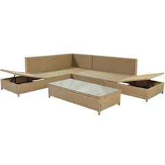 3-Piece Patio Rattan Sofa Set with Adjustable Chaise Lounge and Tempered Glass Table, Natural Brown+ Beige Cushion