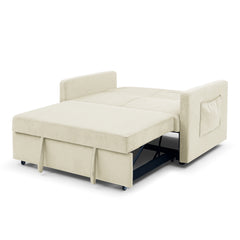 Convertible Loveseats Sofa Bed with Pull-out Bed, Adjustable Back and 2 Bag Pockets, Beige