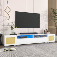 Rattan Style TV Stand with Push to Open Doors, 3-pics Extended TV Console Table & Color Changing LED Lights for TVs Up to 90”, White