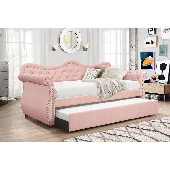 NOBLEMOOD Upholstered Velvet Daybed with Trundle, Twin Size Daybed with Rolled Armrest, Curved Backrest and Neilhead for Living Room, Guest Room, Pink