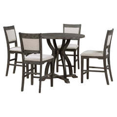 Farmhouse 5-Piece Round Dining Table Set with Trestle Legs & 4 Upholstered Dining Chairs, Gray