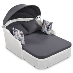 79.9" Outdoor Sunbed with Adjustable Canopy, Double lounge, PE Rattan Daybed, White Wicker, Gray Cushion