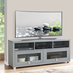 TV Stand with 2 Glass Panel Cabinets & 3 Open Shelves for TVs up to 75", Gray