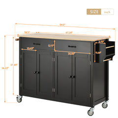 54.3" Kitchen Island Cart with Solid Wood Top, Locking Wheels, 4 Door Cabinets, Two Drawers, Spice Rack & Towel Rack, Black