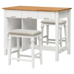 3-Piece 45" Stationary Rubber Wood Kitchen Island Set with 2 Seatings, 2 Shelves & 3 Drawers, White