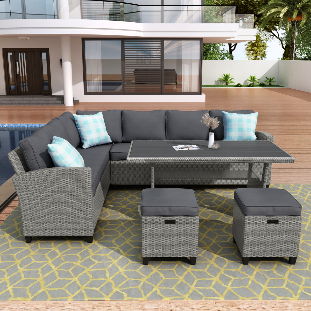 5 Piece Patio Dining Set with Ottoman and Throw Pillows