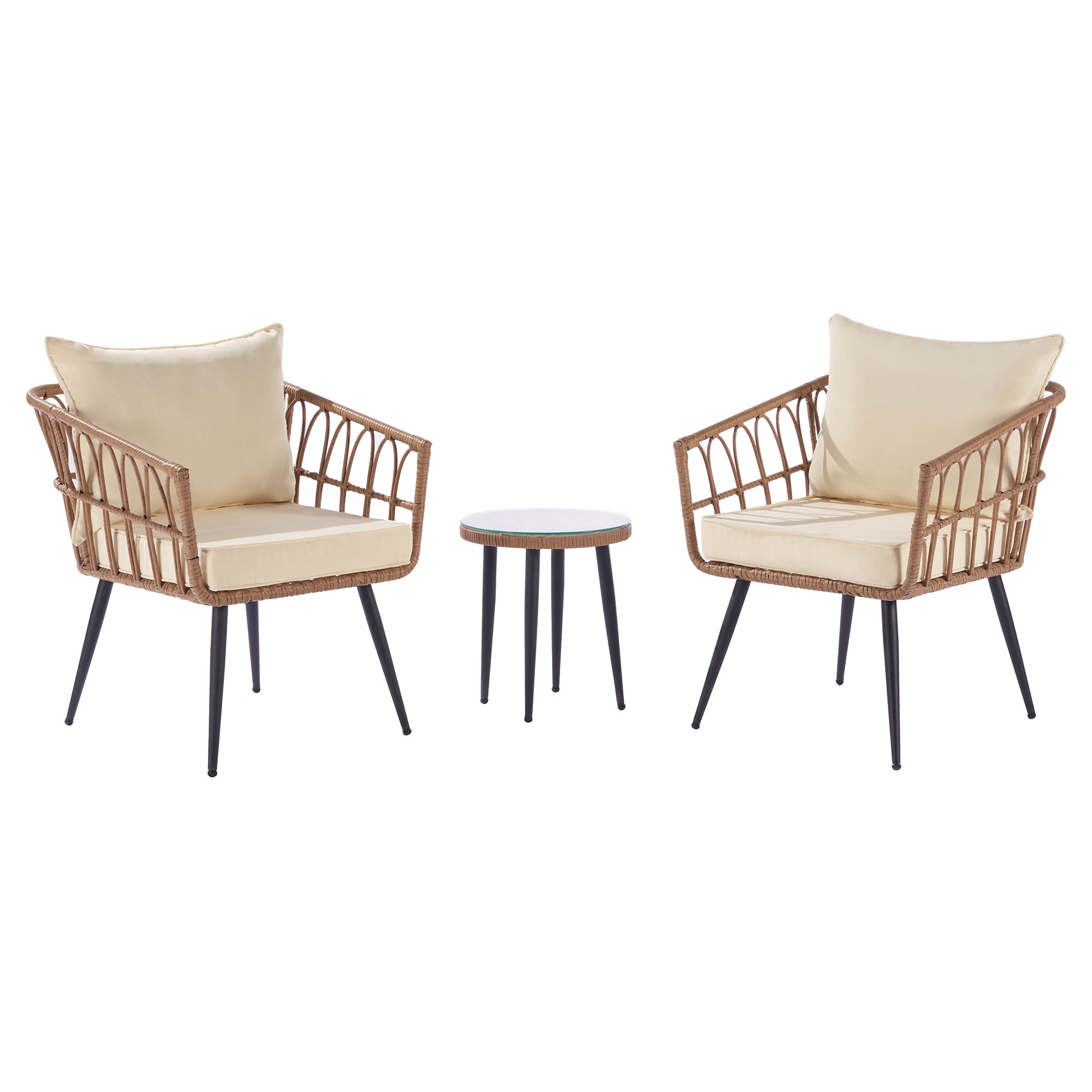 3 Pieces Patio Wicker Chair Set with Beige Cushions