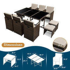 11 Pcs Patio Dining Set Space Saving Rattan Furniture W/ Ottoman, Cushion & Dust Cover