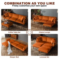 Convertible Sectional Sofa, Velvet Sleeper Couch Bed with 3-Level Reclining Backrest, Storage & Ottoman, Orange