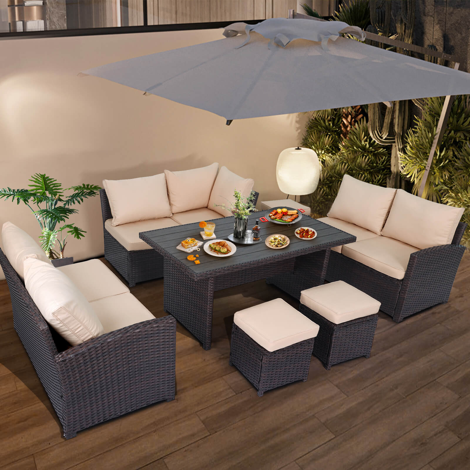 7 Pcs Patio Dining Set All Weather Outdoor Sectional Furniture With Ottoman & Cushion, Khaki