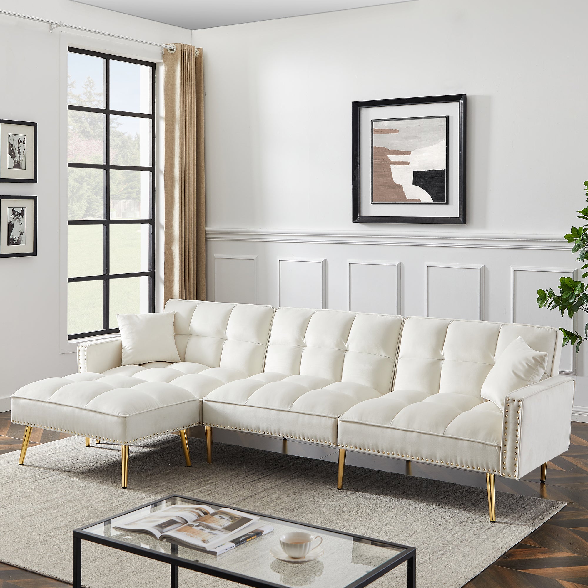 cream white Velvet Upholstered Reversible Sectional Sofa Bed , L-Shaped Couch with Movable Ottoman For Living Room.
