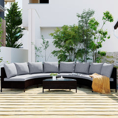 5 Pieces Outdoor Wicker Sofa Half-Moon Sofa Set with Tempered Glass Table, Gray