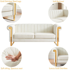 83" Modern Velvet Upholstered Sofa Couch with Gold Stainless Steel Legs, Beige