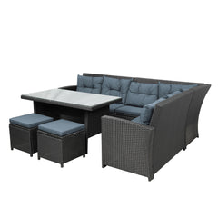 6-Piece Outdoor Sectional Dining Set with Glass Table, Ottomans, Black Rattan