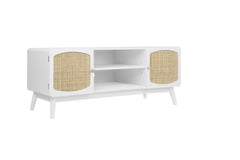 Boho TV Console with Rattan Doors for Bedroom & Living Room, White