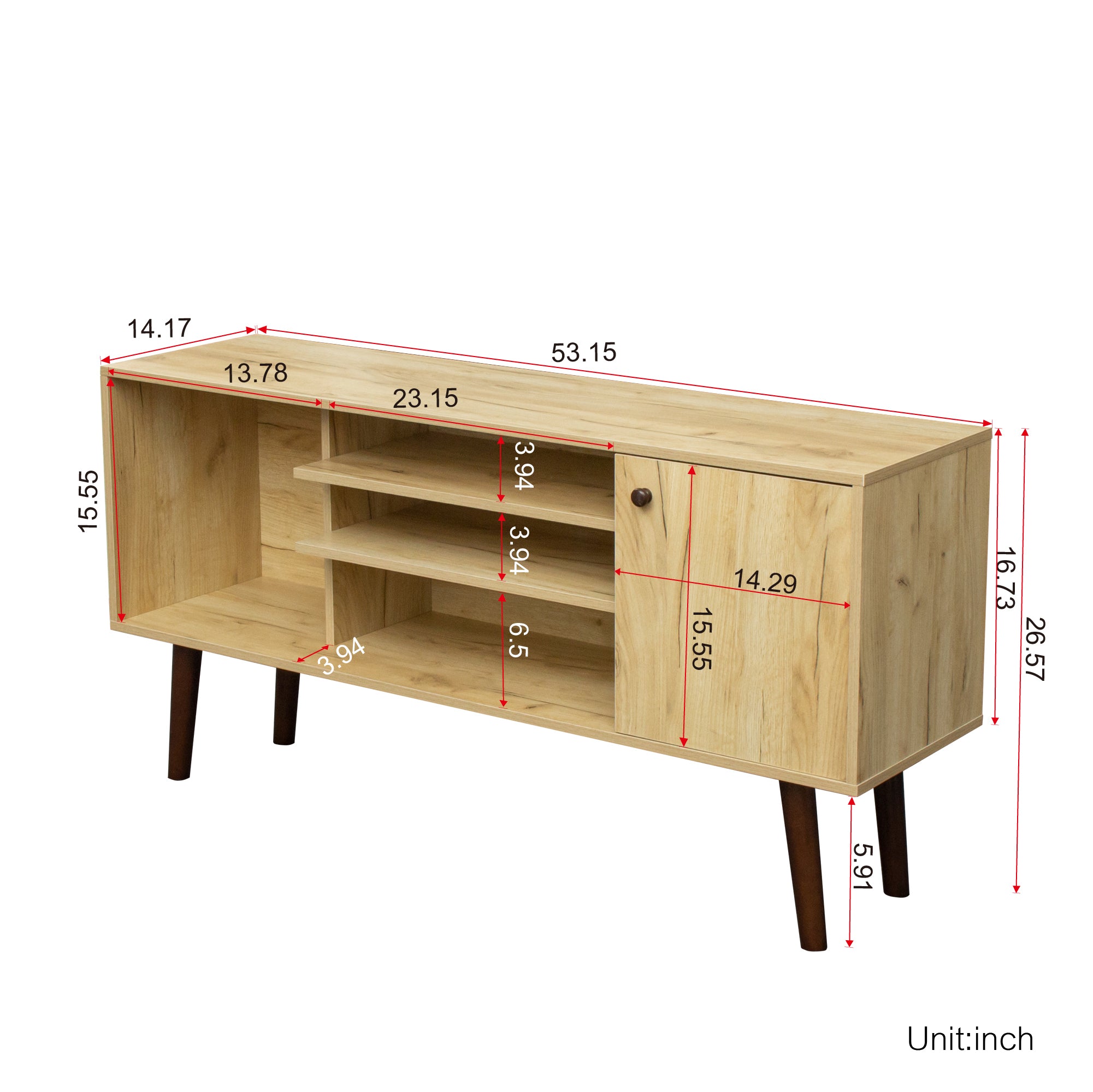 Mid-Century TV Stand with Open Storage Shelves & Cabinet for 60 Inch TV, Oak