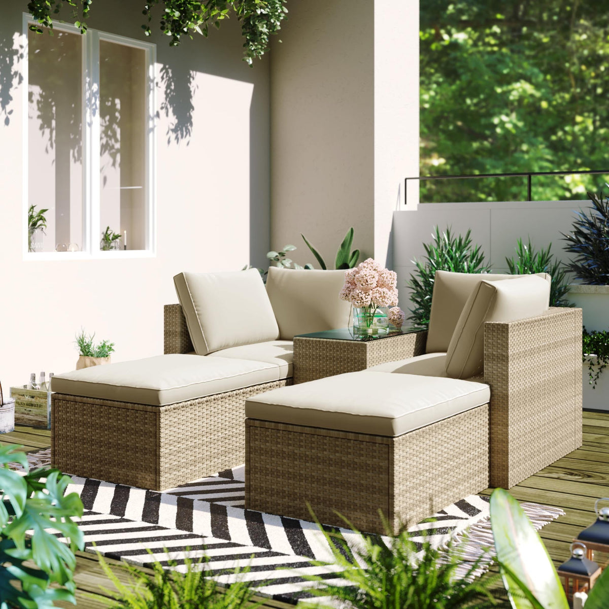 5-Piece Patio Wicker Sectional Sofa Set with Ottomans and Cushions, Brown Rattan