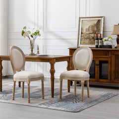2 Pcs French Dining Chair, Linen Fabric Upholstered Farmhouse Dining Chairs with Oval Backrest, Vintage Solid Wood