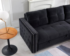 Velvet Sectional Sofa with Pull-Out Bed,Reversible Chaise and Storage Bin, Black