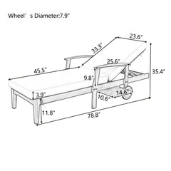 78.8" Outdoor Solid Wood Chaise Lounge Patio Reclining Daybed with Cushion, Wheels and Sliding Cup Table & Bule Cushion