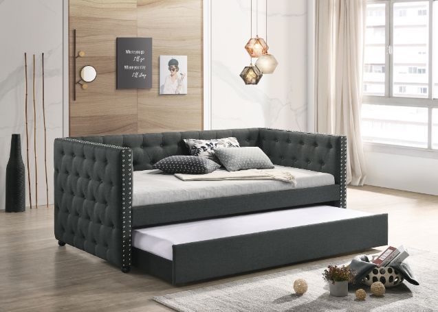 NOBLEMOOD Upholstered Twin Daybed with Trundle, Twin Size Button Tufted Sofa Bed Daybed with Nailhead on Square Arms and Wood Slat Support, Gray