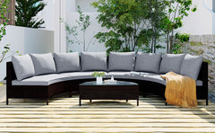 5 Pieces Outdoor Wicker Sofa Half-Moon Sofa Set with Tempered Glass Table, Gray