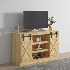 Farmhouse TV Stand with Sliding Barn Doors & Flat Screen for 60 Inch TV, Light Brown