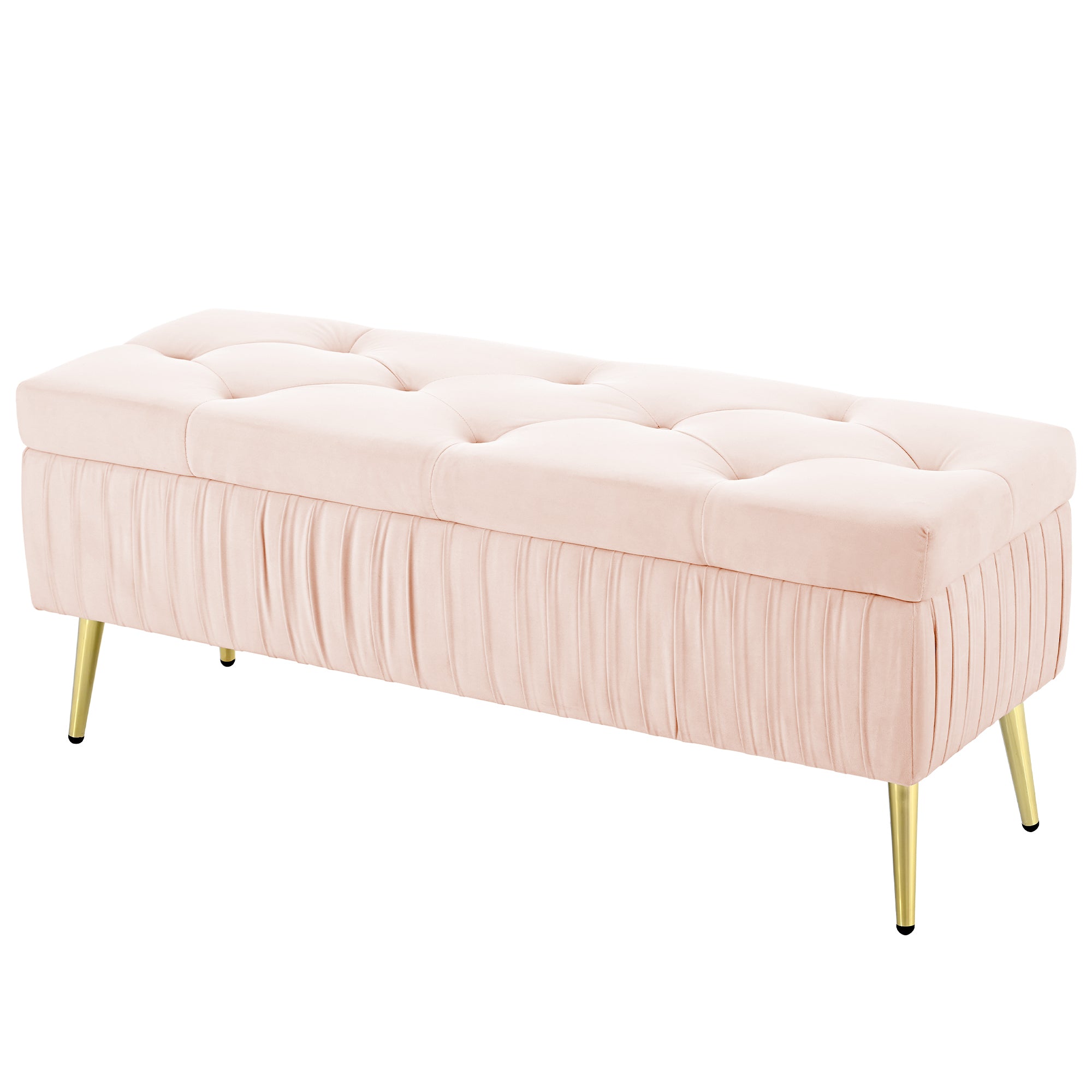 NOBLEMOOD Tufted Ottoman with Storage & Safety Hinge, Upholstered End of Bed Storage Bench with Solid Wood Frame and Metal Legs for Living Room, Entryway