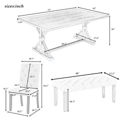 6-Piece Farmhouse Dining Table Set with 72" Wood Rectangular Table, 4 Upholstered Chairs & Bench (Walnut)