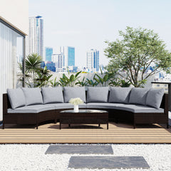 5 Pieces Outdoor Wicker Sofa Half-Moon Sofa Set with Tempered Glass Table, Gray