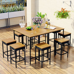 10-Piece Outdoor Wicker Bar Set, Dining Set with Foldable Acacia Wood Tabletop, 8 Stools & 2 Wood Table, Brown