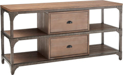 60" TV Stand with 2 Drawer & 4 Open Media Compartments, Weathered Oak & Antique Silver
