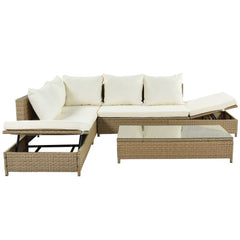 3-Piece Patio Rattan Sofa Set with Adjustable Chaise Lounge and Tempered Glass Table, Natural Brown+ Beige Cushion