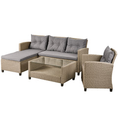 4 Piece Outdoor Wicker Sectional Sofa with Gray Cushion, Brown Rattan