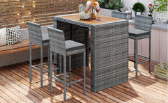 5-pieces Patio Wicker Bar Set, Bar Height Chairs With Non-Slip Feet And Fixed Rope, Removable Cushion, Acacia Wood Table Top, Brown Wood And Gray Wicker
