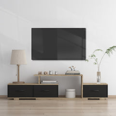 Modern TV Stand with Wood Grain & Black Easy Open Fabric Drawers, Black Brown